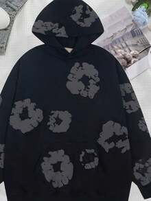 One Piece Set Denim Flower Puff Print Hoodie, Polyester Graphic Vintage Pullover Streetwear Voor Men - Màu xám đậm - Xem 1