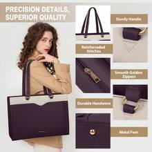 NEWHEY Women's Laptop Tote With Detachable Strap & Bow: 15.6 Inch Leather Work Bag Featuring Cup Holder, Professional Office Briefcase & Large Business Handbag - Màu tím và trắng - Xem 3