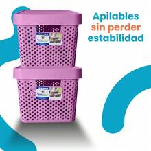 Caja almacenamiento 17 litros con tapa diseño minimalista moderna organizador plástico resistente almacenaje hogar contenedor hermético apilable multiusos para casa oficina - Lila Púrpura - Ver 2