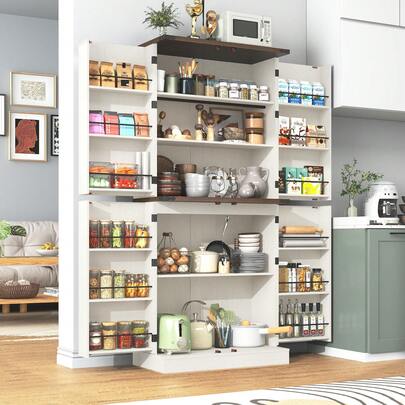 71" Farmhouse Pantry Cabinet: Adjustable Shelves, 4 Barn Doors & Drawer - Rustic Wood Storage For Kitchen, Dining Or Living Room