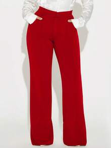 女士纯色纽扣系带直腿办公室工作裤，优雅 - 紅色 - 查看 4