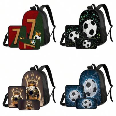 3 delar/set fotboll, krona, färgglad, guldfärgad fotbollskrona-tema ryggsäcksset - axelväska, pennfodral och förvaringspåse, slitstark polyester, lätt, moderiktig blandad färg