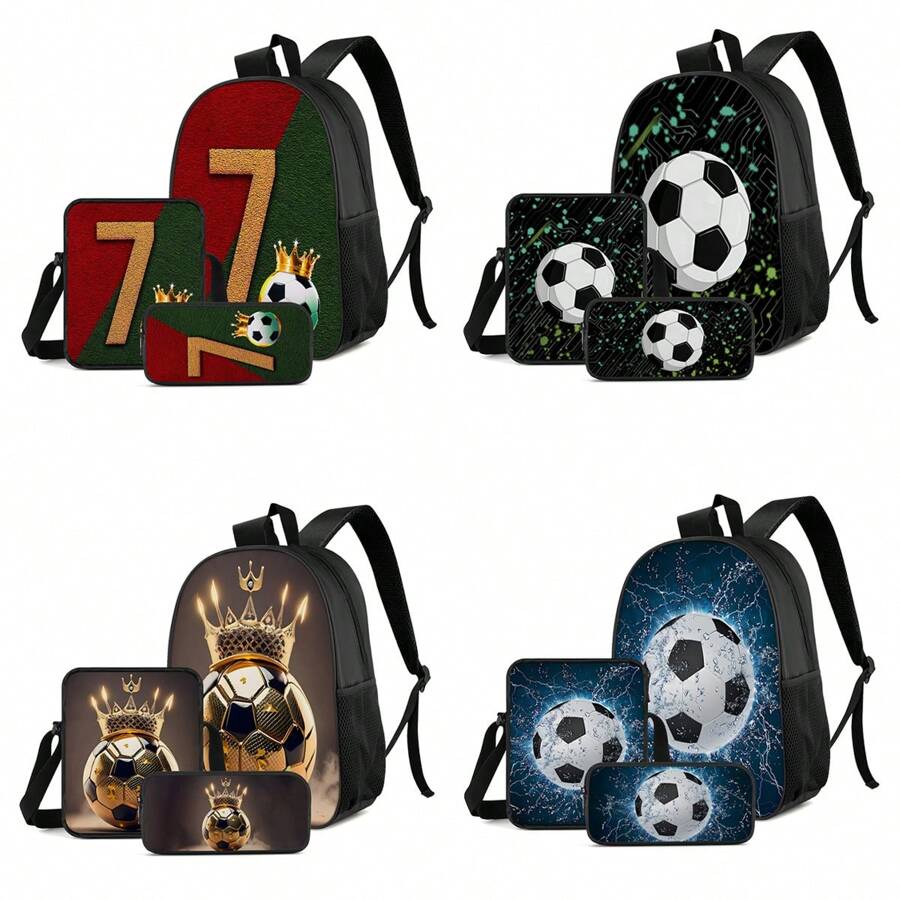 3 件套足球、皇冠、彩色、金色足球皇冠主题背包套装 - 斜挎包、铅笔盒和储物袋、耐用涤纶、轻便、时尚混色 - 15吋雙肩包3件套裝 - 查看 1