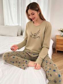 Mirano Slogan Print Short Sleeve Top & Cherry Pattern Long Pants Pajama Set - Brown - View 3