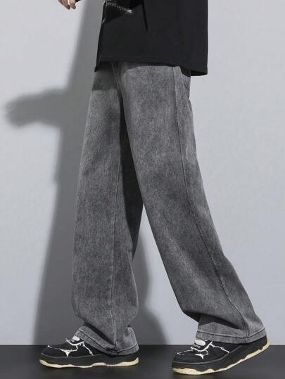 1 件男士复古直筒牛仔裤，美式风格做旧洗水雪花休闲宽松街头风裤子