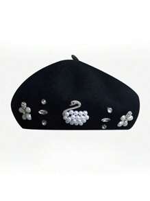 1 件奢华百搭轻质优雅珍珠和水钻天鹅羊毛贝雷帽，温暖透气，适合派对、聚会、舞会、节日、圣诞礼物、日常穿着，100% 羊毛 - 多色 - 查看 16