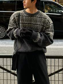 男士宽松北欧风几何图案圆领套头毛衣，男女通用款，秋冬季长袖针织衫 - 灰色 - 查看 5