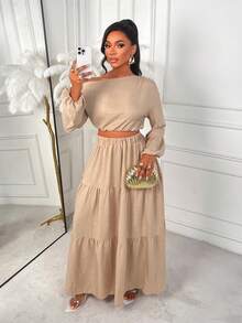 AIJ Amarilo Damen elegantes Crop Top mit einem Schulterausschnitt und langem Arm sowie langes Rock mit gestuftem Saum, 2-teiliges Set für Herbst/Winter, Lässig Urlaubs-Outfit