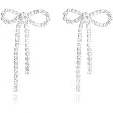 Bow Earrings For Women  Sparkly Rhinestone Chain Tassel Earrings Cute Ribbon Stud Earring Daily Party Jewerly Gifts Christmas Stocking Stuffers - B6: anting pita perak - View 12