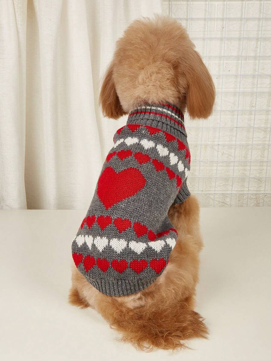 Heart-Shaped Red & Pink Jacquard Turtleneck Dog/Cat Sweater, Knitted Pullover For Poodle, Teddy Bear