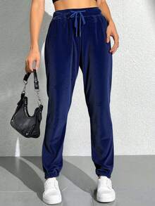 Pantalones de jogging de terciopelo elegante para mujer  Liso    Cordón  Bolsillo  Nudo - Azul Marino - Ver 2