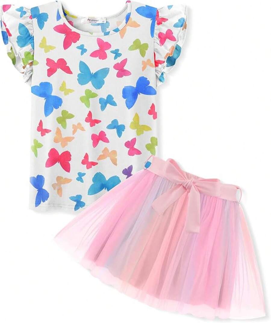 Toddler Summer Girls Clothes 2 Piece Ruffle Sleeve Tops And Belt Tutu Skirt Sets Cute Party Dress Kids
