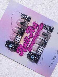 春夏鸭嘴造型手工Y2K时尚美甲贴纸，裸色、红色、棕色、法式美甲、豹纹、十字架、爱心图案可选，10片/套，3种尺寸可选，适合派对、婚礼和日常佩戴，包含工具包，是送给女性和女孩的绝佳美甲礼物，手工美甲贴片。 - 黑色 - 查看 2