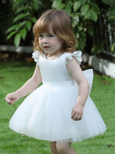 Baby Girl Cap Sleeve Bow Tulle Party Dress, Elegant Princess Dress For Girls, Suitable For 1st Birthday Gift, Banquet, Evening Party, Important Occasions