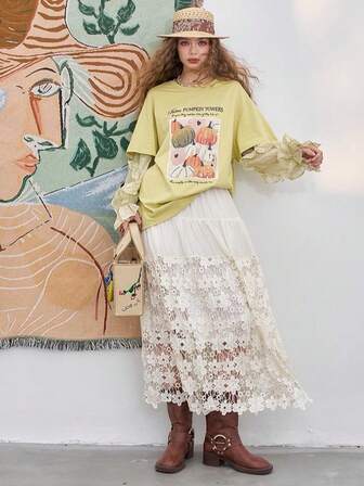 法式优雅花卉镂空拼布高腰A字钩针裙