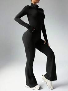 YZMJAFU 女士休闲拉链外套（带拇指孔）+高腰喇叭裤黑色打底裤两件套，长袖宽松裤黑色连体衣，适合瑜伽、舞蹈和健身中心，冬季穿着