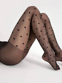 1pc Women's Cute & Elegant Heart Print Black Stockings Christmas Gift - Black - View 2