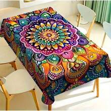 1pc Bohemian Mandala Tablecloth - Vibrant Multicolor Rectangular Polyester Fabric, Suitable For Restaurant, Kitchen, Picnic Decor And Gifts, Durable Woven Decorative Tablecloth, Kitchen Dining Table Accessory, Woven Textile - Multicolor - View 2