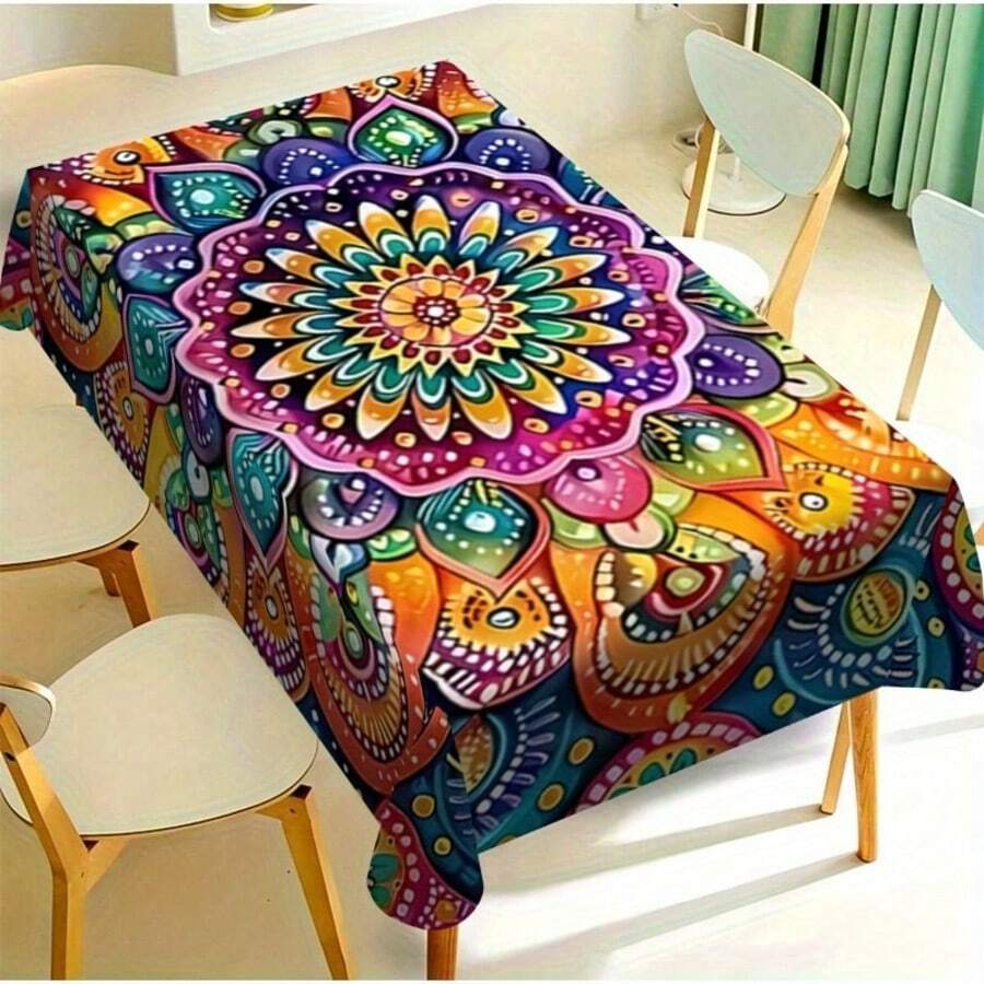 1pc Bohemian Mandala Tablecloth - Vibrant Multicolor Rectangular Polyester Fabric, Suitable For Restaurant, Kitchen, Picnic Decor And Gifts, Durable Woven Decorative Tablecloth, Kitchen Dining Table Accessory, Woven Textile