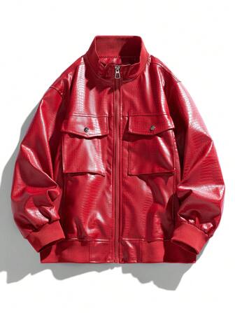 男士纯色立领胸袋仿皮夹克，鳄鱼皮纹理外套，秋冬，垃圾摇滚