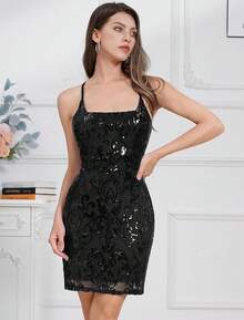 Sequin Homecoming Dresses Teens Women Sparkly Strap Bodycon Cocktail Party Night Prom Dress Vestidos De Fiesta ElegantesHalloween Christmas New Year - 黑色 - 查看 3