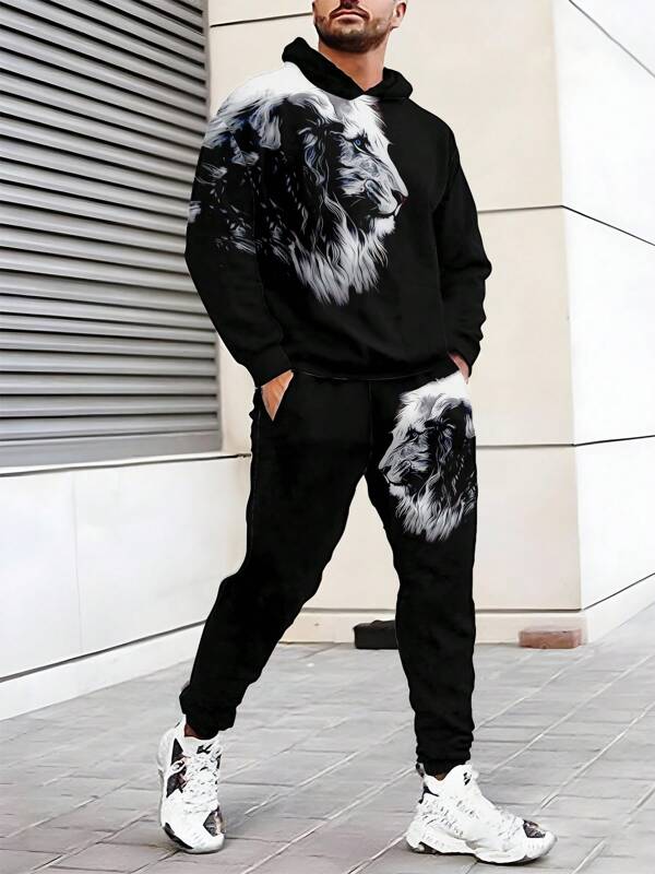 Conjunto de sudadera con capucha para hombres, con estampado de león, sudadera y pantalón de chándal de moda casual, adecuado para correr, hacer ejercicio, entretenimiento, primavera/otoño