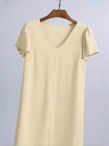 SuofeiMan Nuevo vestido elegante de cuello en V, vestido midi de ajuste ceñido de unicolor versátil para ir al trabajo y uso casual, verano/otoño - Beis - Ver 4