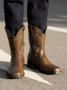 Men's Cowboy Boots Western Fashion Round Toe Slip On Chunky Heel Waterproof Classic Mid Calf Boots - 棕色 - 查看 2
