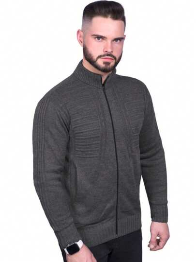 Cardigan Masculino Preto Tricô Casaco Slim Com Zíper Lã Tricot