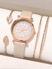 4pcs Fashionable And Versatile Women's Quartz Watch, Exquisite Circular Digital Dial, PU Belt Strap, Paired With A Simple Jewelry Bracelet Set, Suitable For Daily And Holiday Wear, Suitable For Gift Giving - Apricot - View 13