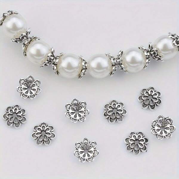 50pcs Double Layer Flower Pearl Caps, Hollow Flower Beaded Caps, Multifunctional DIY Jewelry Accessories, Suitable For Earrings, Pendants, Necklaces, Bracelets, Crafts