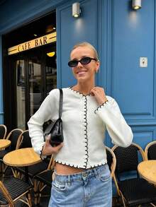 SEREN Autumn/Winter New White Single-Breasted Contrast Wave Hem Knit Sweater, Gentle, Minimalist, Elegant, Casual, Versatile, Relaxed Pullover Sweater, Women's Autumn Apparel - White - View 7