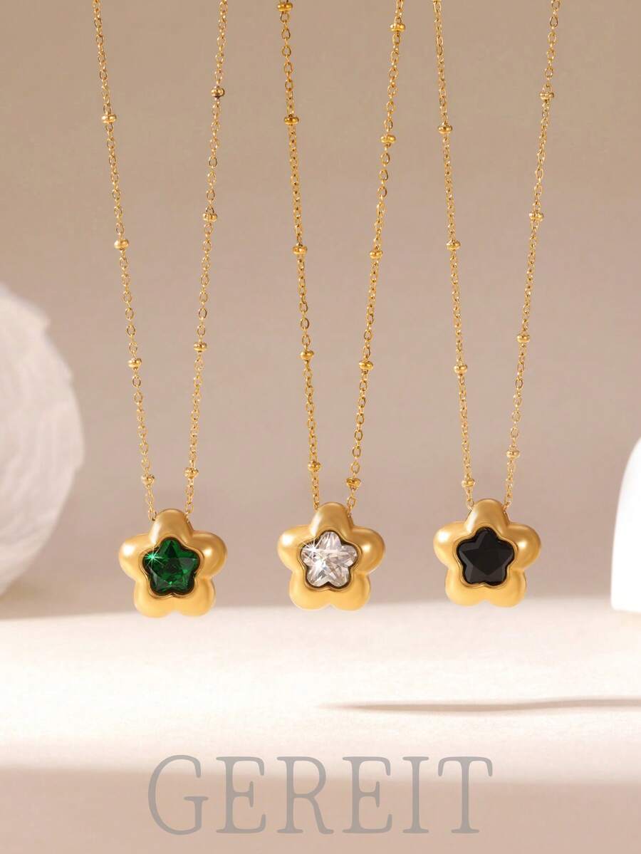 GEREIT 1pc 18k Gold Stainless Steel Flower Zirconia Pendant Necklace For Women, Versatile For Daily Wear