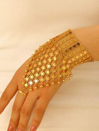 Bohemisk stil asymmetrisk blommönster design söt tofsklocka dekor handkedja armband, lämplig för kvinnor att bära på stranden, musikfestival, semester