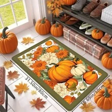 1pc Thanksgiving Rustic Pumpkin & Floral Print Holiday Doormat, Soft Non-Slip Absorbent Machine Washable Kitchen Mat, Festive Cozy Entryway Rug, Rectangular Low Pile Holiday Home Decor Mat For Living Room, Bedroom, Kitchen, Laundry Room, Bathroom