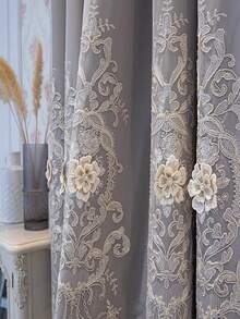 1 件奢华双层刺绣遮光窗帘，带 3D 浮雕花朵薄纱面料，现成，适用于客厅和卧室、窗户 - 灰色 - 查看 7