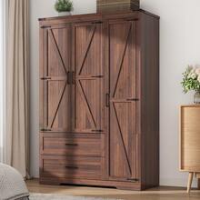 2/3/4 Doors Wardrobe Armoire Closet With Doors And Drawers, Farmhouse Wooden Armoire Storage Cabinet With Shelves & Hanging Rod For Bedroom - 棕色 - 查看 4