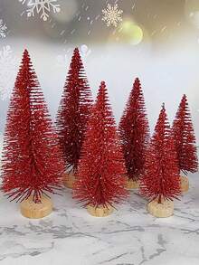 6 piezas - Árboles de Navidad rojos miniatura artificiales, árboles de cepillo de botella con base de madera, árbol de Navidad de sisal con escarcha artificial, manualidades DIY de mini pino para decoración navideña, fiesta de Navidad, hogar, decoración de mesa, adornos de invierno (Rojo)