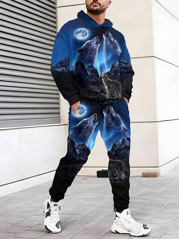 Conjunto de sudadera con capucha estampado de manada de lobos para hombre, sudadera y pantalón de chándal de moda casual, para entrenamiento, correr, ocio, sudadera de manga larga y conjunto de pantalones largos para hombre en primavera/otoño