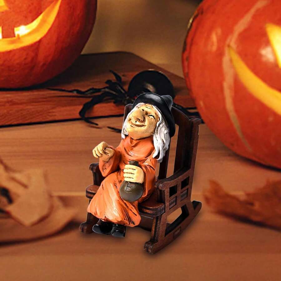Miniature Halloween Figurines Tiny Witch Sitting On Rocking Chair Resin Statues For Home Holiday Decor - 橘色 - 查看 1