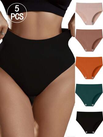 5pcs High-Waist Postpartum Seamless Solid Color Briefs, Minimalist And Fashionable, Suitable For Everyday Wear Or Sports