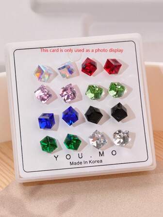 YSH.ZIXIN 1 Card/8 Pairs Colorful Square Crystal Stud Earrings, Elegant Sparkling Square Earrings For Women