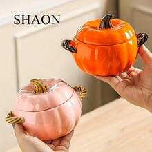 1 套带盖陶瓷汤碗创意南瓜造型家用带耳汤碗。 - 彩色 - 查看 7