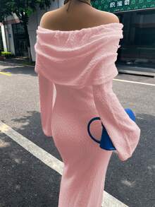Colección Otoño/Invierno 2025 Vestidos sexys Ropa de vacaciones Moda femenina Estilo de calle seductor Vestido largo de punto de un hombro de unicolor y semitransparente blanco, Ropa de club seductora para mujer, Atuendos de invierno - Rosa - Ver 4