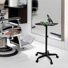 Carrello per parrucchiere in alluminio regolabile in altezza, nero, supporto per trattamenti girevole a 360° con vano porta-strumenti, design semplice senza telaio aggiuntivo, per la cura e lo styling dei capelli.