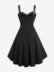 Halloween Costumes Rosegal Women Plus Size Gothic Lace-Up PU Leather Patchwork Flocking Midi Dress Buckles Lace Trim Vintage Goth Midi Dress