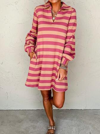 女士条纹领灯笼袖宽松口袋休闲短裙