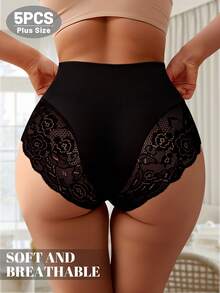MEIYATING 5pcs/Pack Plus Size Women's Lace Panties, High Waist Tummy Control, Floral Hollow Out Sexy Underwear - Black - View 3