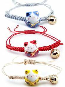 Omky Pulsera Ajustable Gatito de la Suerte| Varios Colores| Maneki Neko.| Gato de cerámica grande - NegroRosaVerde - Ver 6