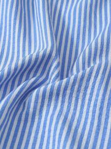 2 件女士可爱甜美蓝白条纹印花睡衣套装，翻领纽扣短袖上衣和蝴蝶结短裤，夏季睡衣和家居服 - 藍白色 - 查看 8